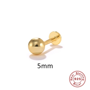 Minimalist 5mm S925 sterling silver golden ball stud earring with threaded flat back post