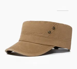 Detail of khaki military cadet cap featuring vintage star-embossed metal rivets on cotton