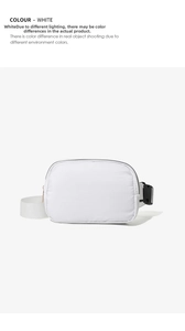 Detail of white nylon waist bag featuring black plastic buckle and adjustable strap