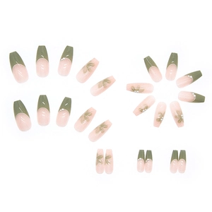 Elegant Morandi green and pink coffin press-on nails with camellia and pearl accents