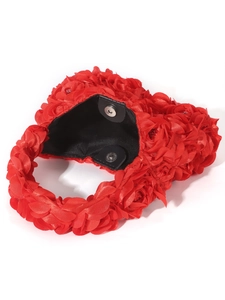 Detail of red rose evening clutch with silk-like petals and silver magnetic snap closure