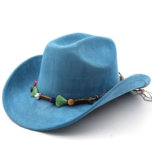 Blue faux suede western cowboy hat with colorful turquoise beaded band and curled brim