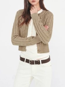 Brown cable knit wool cardigan sweater with cropped slim fit and round neck design