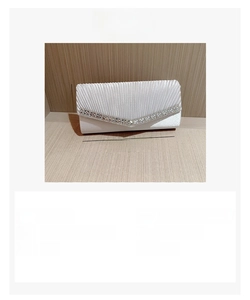 Silver satin evening clutch bag with rhinestone trim and chain strap, dimensions 20x11x5cm