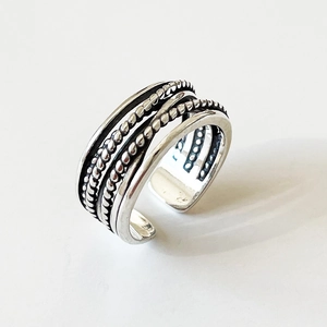 925 Sterling Silver Ring Retro Oxidized Twisted Rope Design Open Adjustable Vintage Style Jewelry For Women