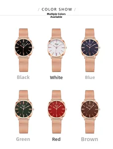 Detailed grid of fashion women's quartz watches with mesh straps in six vibrant colors
