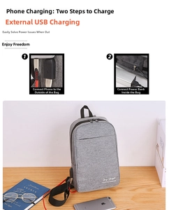 Graue Umhängetasche Detail mit integriertem USB-Ladeanschluss an der Seitenwand