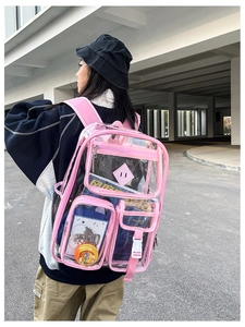 Dettaglio dello zaino in PVC trasparente con cinghie rosa e design multitasche su modella