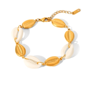 Detailed view of gold shell bracelet with K18 engraved tag and lobster clasp detail