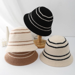 Knitted stripe bucket hat for women in retro patchwork colors for winter warmth