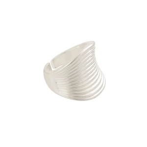 Detail of silver textured ring featuring wave-like brushed finish and adjustable band