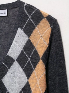 Detail of grey and yellow argyle knit texture on this women's cropped cardigan sweater