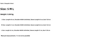 Size chart detail for the yellow suede jacket showing garment measurements and fabric info