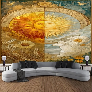 Detail of artistic mandala sun tapestry with zodiac symbols and a golden mythological theme