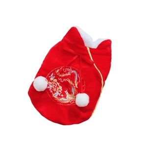 Festive red pet Tang suit for dogs and cats with phoenix embroidery and white fur trim