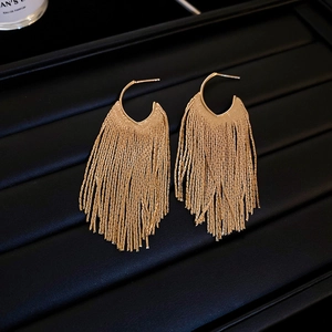 Detail of golden metal tassel earrings featuring curved hooks on a black display tray