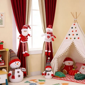 Christmas curtain tiebacks with plush Santa and Snowman figures for holiday home decor