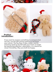 Close-up of plush Christmas bear dolls with knit scarves and hats for gift decor