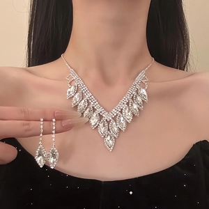 Elegant silver tassel necklace and teardrop crystal earrings jewelry set for women