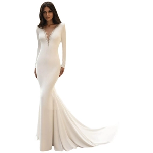 Elegant white mermaid wedding dress with deep V-neck, long sleeves and long train
