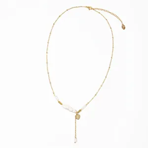 Stainless Steel Freshwater Pearl Heart Pendant Necklace For Women Gold Plated Baroque Pearl Starburst Clavicle Chain Jewelry