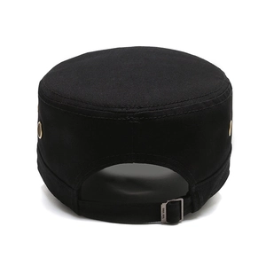 Rear view of black cotton flat top army cap with adjustable metal buckle closure