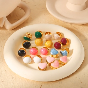 Colorful enamel heart and round ball hoop earrings in 18K gold plated titanium steel