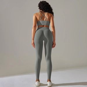 Detail of gray ribbed seamless yoga set featuring a cross-back bra and scrunch butt leggings