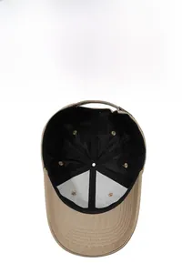 Detail view of khaki baseball cap interior with breathable mesh and reinforced lining