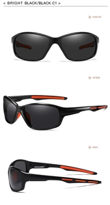 Three views of polarized sports sunglasses in bright black with orange anti-slip rubber