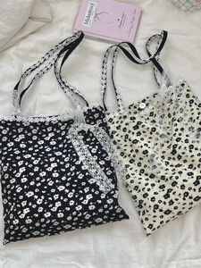 Floral Canvas Shoulder Bag With Lace Trim And Bow Sweet Vintage Tote Bag For Women Daily Outing