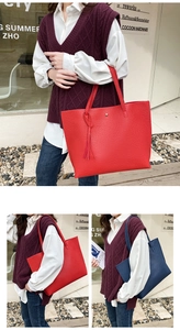 Detailed views of a large lychee grain leather tote bag with stylish tassel and metal ring