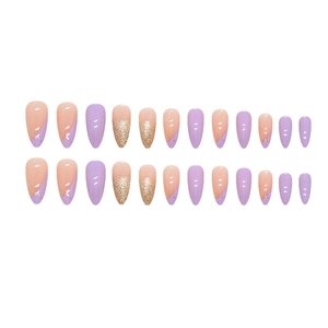 Lot de 24 faux ongles amande avec pointes French violettes et dégradés de paillettes