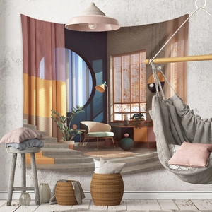 Close-up of Bohemian wall tapestry with abstract interior scene and warm lighting effects