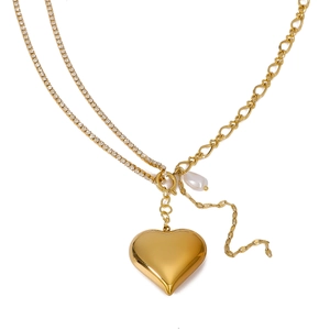 18k gold plated stainless steel heart pendant necklace with pearl detail and T-bar toggle