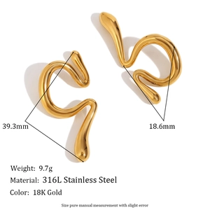 Irregular liquid style 18K gold plated stainless steel wave earrings 39.3mm long