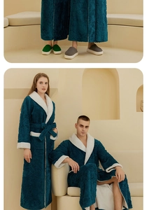 Detail view of thickened navy flannel bathrobe featuring embossed patterns and plush trim