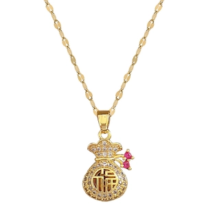 Gold titanium steel necklace featuring a crystal-encrusted lucky money bag pendant