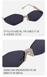 Detail of diamond-encrusted bridge and grey diamond-cut lenses on cat-eye sunglasses