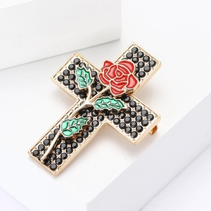 Vintage gold cross brooch with black rhinestones and red enamel rose decoration