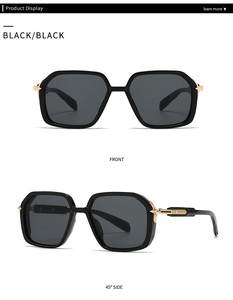 Vues de face et de côté de lunettes de soleil aviateur noires avec charnières dorées