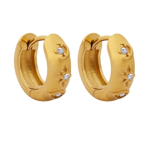 Boucles D'oreilles Créoles En Acier Inoxydable Étoile Lune Œil Avec Zircon Plaqué Or 18K Bijoux Rétro Femmes