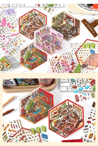 Detail of isometric miniature shop stickers for DIY scrapbooking and planner decor