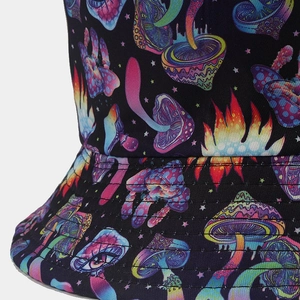 Black reversible bucket hat with psychedelic mushroom patterns and reinforced brim stitching