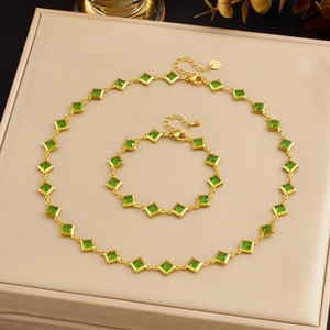 Retro Necklace And Bracelet Jewelry Gold Plated Stainless Steel Green Square Glass Stones Elegant For Women