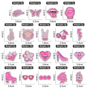 Pink enamel pins set with cute feminist designs showing detailed dimensions and weight