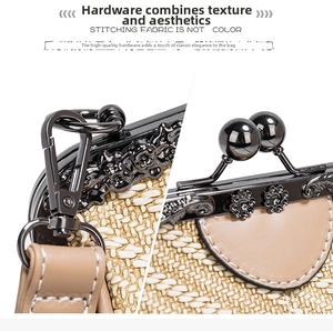 Detailed close-up of vintage metal clasp and floral carving on a retro woven handbag