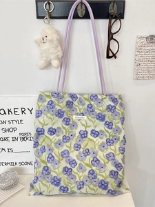 Floral canvas tote bag with purple flower pattern and thin PU straps for summer fashion