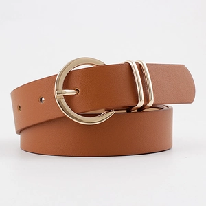 Ceinture marron pour femme avec boucle ronde dorée et doubles anneaux en métal chic
