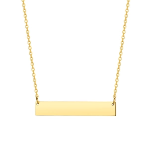 Detailed close-up of a minimalist gold bar necklace with a polished mirror finish surface